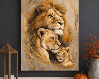 Lienzo con estampado de una familia de leones, arte mural de vida silvestre, decoración de safari, tonos neutros.