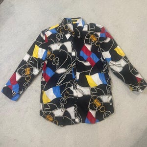 Vintage Ralph Lauren Button Down Shirt Nautical Print Long Sleeve Top Colorful Size L