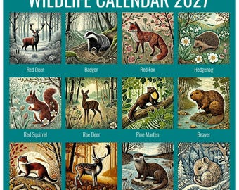 May include: A 2027 Wildlife Calendar featuring twelve illustrated panels of animals including a red deer, badger, red fox, hedgehog, red squirrel, roe deer, pine marten, beaver, stoat, fallow deer, otter, and dormouse, with the text Wildlife Calendar 2027.