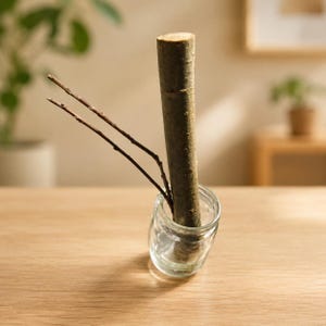 May include: A clear glass jar holding a thick, cylindrical piece of wood and two thin twigs. The wood is a light brown color, and the twigs are a darker brown. The jar sits on a light brown wooden table.