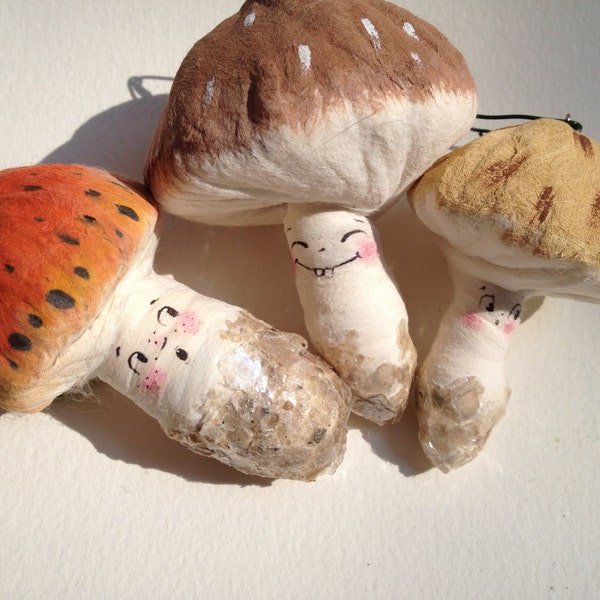 Set of 3 Spun Cotton whimsical, Anthropomorphic, Woodland, Autumn, Mushroom, Ornaments