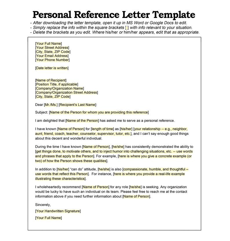 Personal Reference Letter Template - Personal Recommendation Letter ...