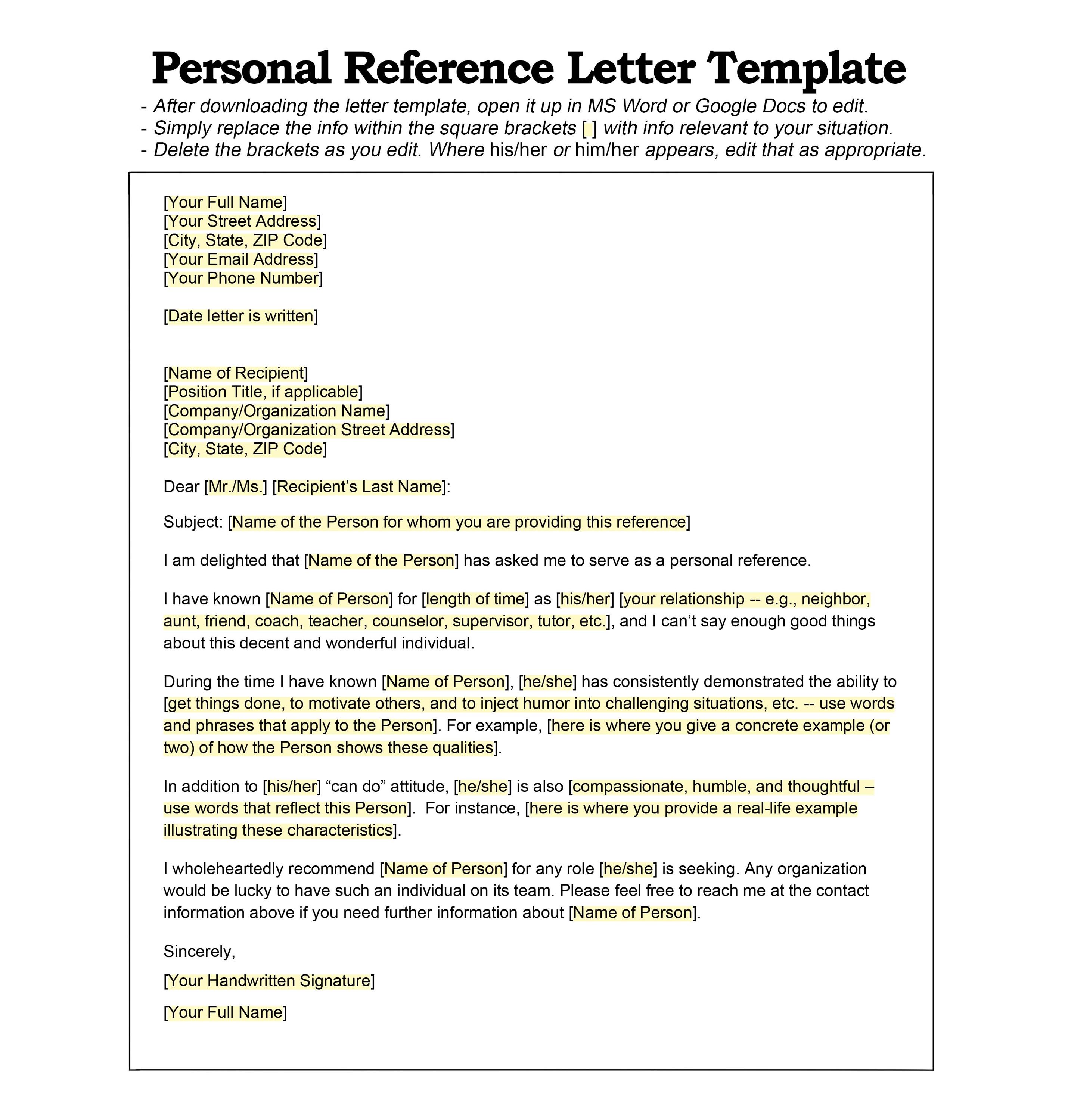 Personal Reference Letter Template - Personal Recommendation Letter ...