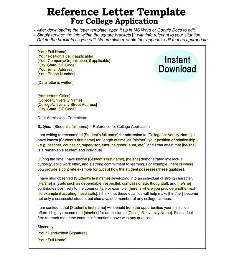 College Application Reference Letter Template - College Admission ...
