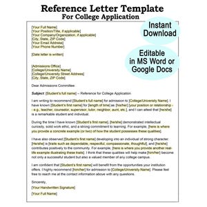 College Application Reference Letter Template - College Admission Recommendation Letter Instant Download and Editable