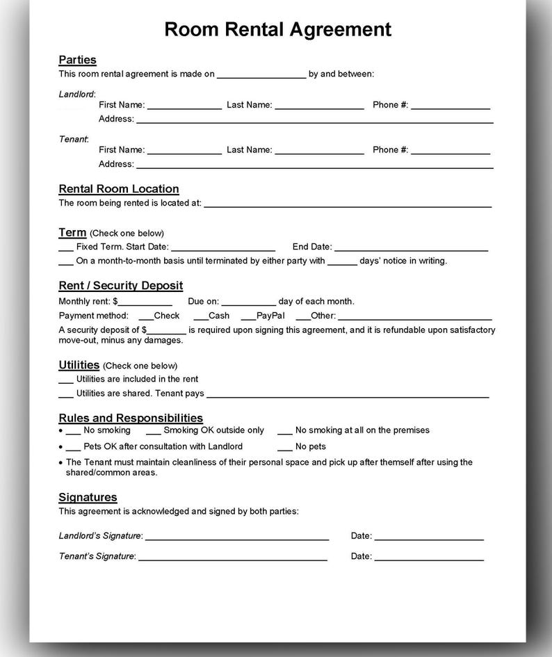 Room Renting Paper One Page Room Rental Agreement Editable Room Rental Contract Template ...