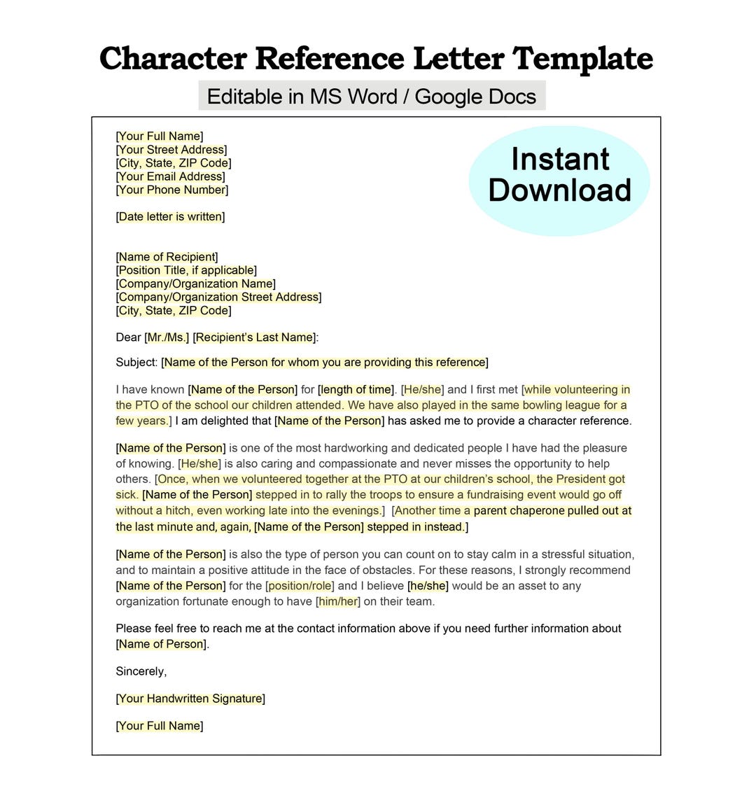 Character Reference Letter Template - Character Recommendation Letter ...