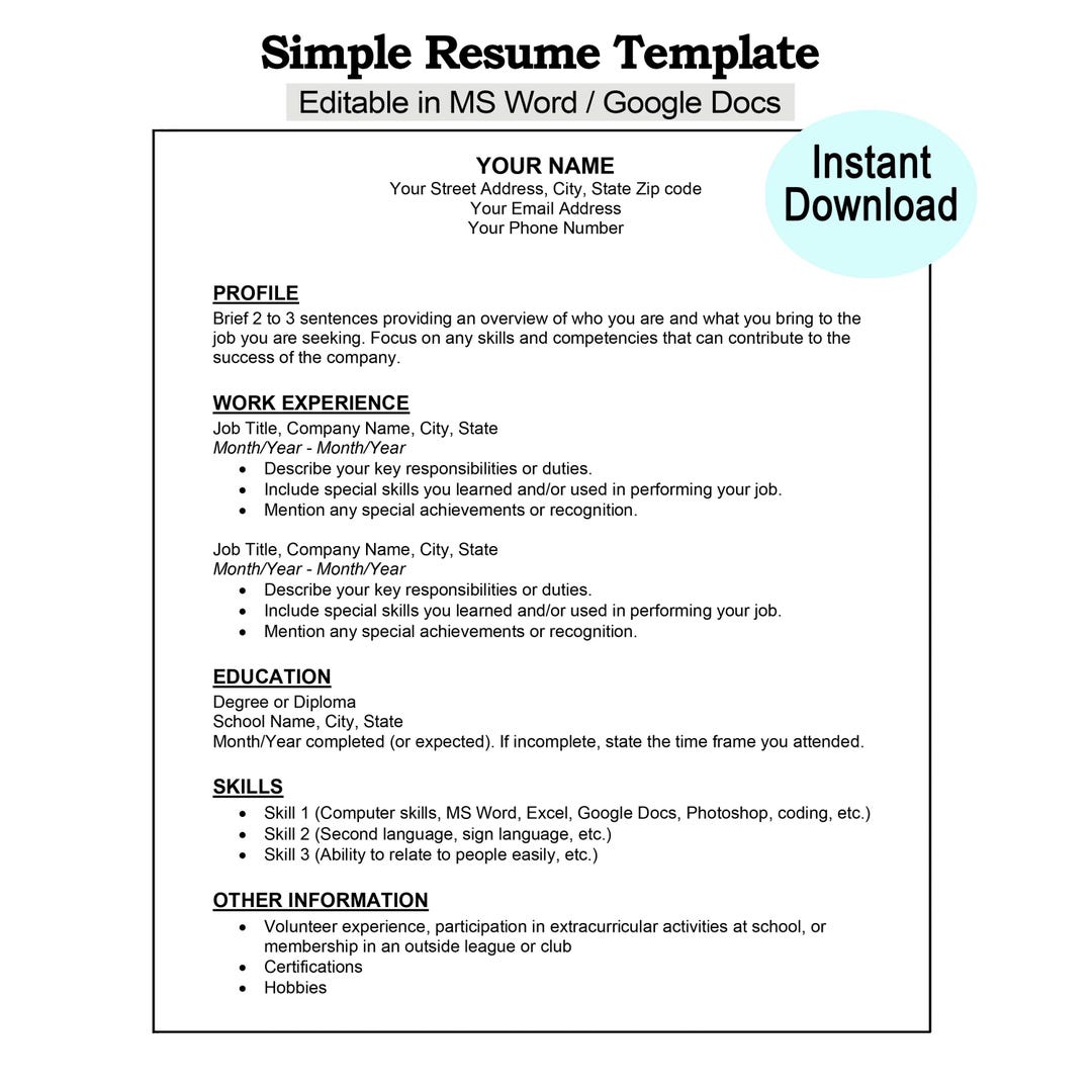 Simple 1 Page Resume Template First Job Resume -- Simple Resume ...