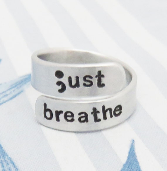 Lightweight aluminum just breathe handmade semicolon ring suicide depression awareness jewelry Lightweight aluminum just breathe handmade semicolon ring suicide depression awareness jewelry