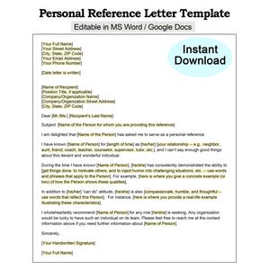 Personal Reference Letter Template - Personal Recommendation Letter Character Reference Instant Download and Editable