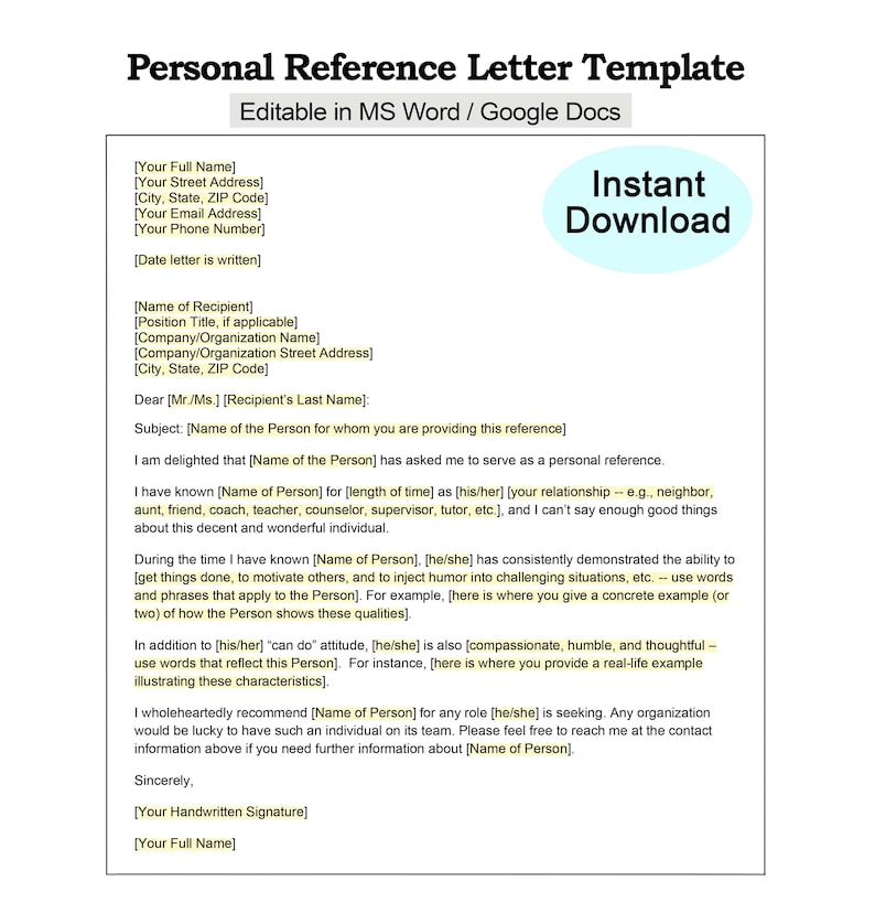 Personal Reference Letter Template - Personal Recommendation Letter ...