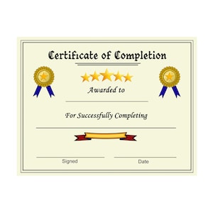Certificat d'achèvement Récompense imprimable pour l'achèvement du cours Objectif d'achèvement de la formation atteint (écrivez les champs vides à la main ou utilisez Acrobat)
