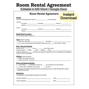 May include: A Room Rental Agreement template, editable in MS Word and Google Docs, with fields for landlord and tenant information, rental terms, and responsibilities. Includes an 'Instant Download' graphic.