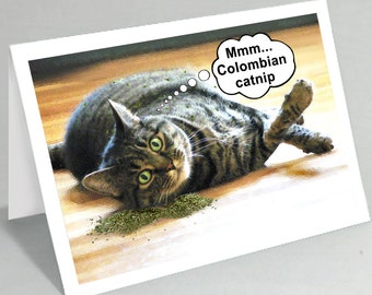 Funny Birthday card - Cat birthday greeting card - Colombian catnip - Cat rolling in catnip - Buy any 2+ cards & save on shipping