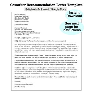 May include: A white coworker recommendation letter template, editable in MS Word and Google Docs. The document includes fields for contact information, recipient details, and a subject line. It also features instructions and an instant download option.