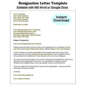 Modèle de lettre de démission dans un ton professionnel chaleureux - Modifiable avec Word ou Google Docs. Téléchargement instantané d'un fichier numérique