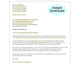 Resignation letter template in professional warm tone - Editable with Word or Google Docs. Instant download of a digital file
