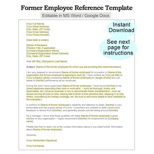 Könnte beinhalten: Vorlage für eine ehemalige Mitarbeiterreferenz, bearbeitbar in MS Word und Google Docs. Das Dokument enthält Felder für Kontaktinformationen, Empfängerdetails und ein Empfehlungsschreiben. Mit dem Text "Sofort-Download" und "Anweisungen auf der nächsten Seite".