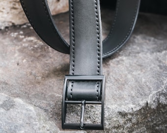 Handmade Black Leather Belt, Full-Grain Italian Leather, Solid Brass Buckle