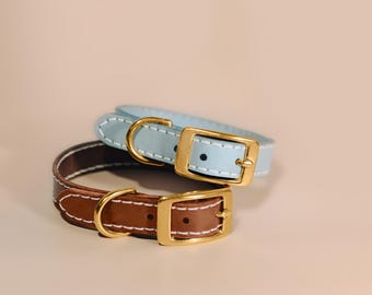 Sky Blue Leather Dog Collar, Handmade Italian Leather, Strong Hardware