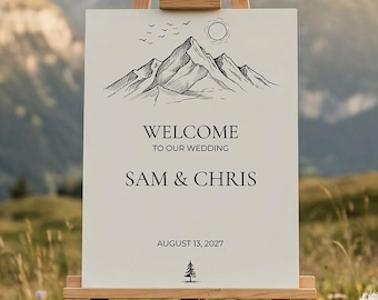 Modello per cartello di benvenuto per matrimonio / Disegno a linee di montagna su Canva / Poster rustico per esterni / Download immediato modificabile 18x24 24x36