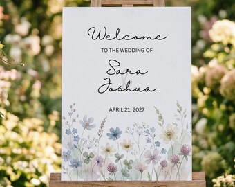 Modello per cartello di benvenuto per matrimonio / Tela con acquerello di fiori selvatici pastello / Poster floreale primaverile / Download immediato modificabile 18x24 24x36