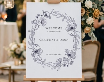 Modello per cartello di benvenuto per matrimonio / Illustrazione a linee di ghirlanda floreale nera su Canva / Elegante poster botanico / Download immediato modificabile 18x24 24x36