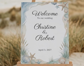 Modello di cartello di benvenuto per matrimonio / Acquerello, conchiglie, stelle marine, spiaggia, tela / Poster costiero / Modificabile 18x24 24x36 Download immediato