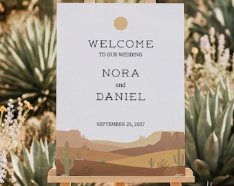Modello di cartello di benvenuto per matrimonio / Paesaggio desertico con cactus in formato vettoriale su tela / Poster per matrimonio in stile sud-occidentale / Download immediato modificabile 18x24 24x36