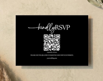 Modello per cartolina RSVP / Codice QR per matrimonio su Canva / Download digitale modificabile / Layout moderno a due sezioni in nero