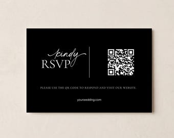 Modello di cartolina RSVP / Codice QR per matrimonio su Canva / Download digitale modificabile / Moderno nero