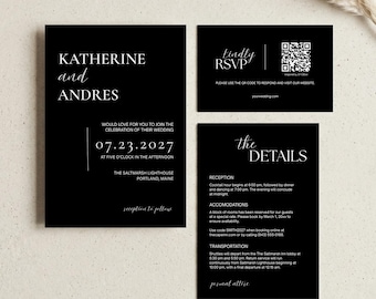 Set di inviti di nozze / Pacchetto di modelli Canva / Invito minimalista nero audace con dettagli RSVP / Download immediato