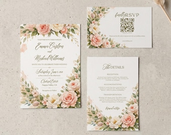 Set di inviti di nozze ad acquerello / Pacchetto di modelli Canva / Invito floreale con rose rosa cipria e biglietto di conferma presenza / Download immediato