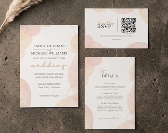 Set di inviti di nozze ad acquerello / Pacchetto di modelli Canva / Invito astratto rosa e oro con dettagli RSVP / Download immediato