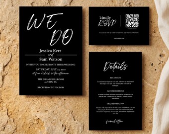 Set di partecipazioni di nozze / Pacchetto di modelli Canva / Invito "We Do" in corsivo nero con dettagli RSVP / Download immediato