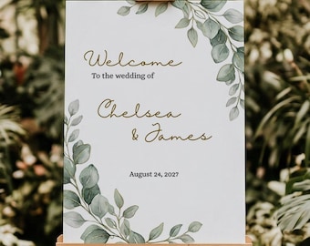 Modello per cartello di benvenuto per matrimonio / Acquerello, eucalipto, verde, tela dorata / Poster da giardino / Modificabile, 18x24, 24x36, download immediato