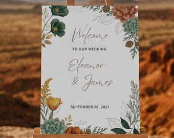 Modello per cartello di benvenuto per matrimonio / Tela con piante grasse e motivi botanici / Poster di benvenuto boho con fiori selvatici / Download immediato modificabile 18x24 24x36