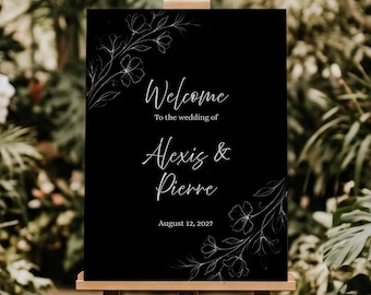 Modello per cartello di benvenuto per matrimonio / Sfondo nero su tela con fiori bianchi / Poster botanico scuro / Modificabile 18x24 24x36 Download immediato