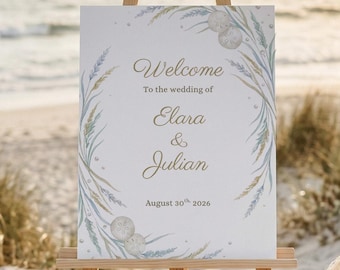 Modello per cartello di benvenuto per matrimonio / Tela con ghirlanda di stelle marine e alghe marine / Elegante poster costiero / Download immediato modificabile 18x24 24x36