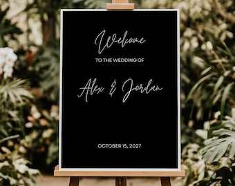 Modello per cartello di benvenuto per matrimonio / Sfondo nero, scritta bianca su Canva / Poster di benvenuto moderno e scuro / Modificabile, formato 18x24 e 24x36, download immediato