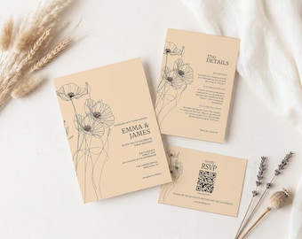 Set di inviti di nozze floreali / Pacchetto di modelli Canva / Invito boho con illustrazione di papaveri e dettagli RSVP / Download immediato