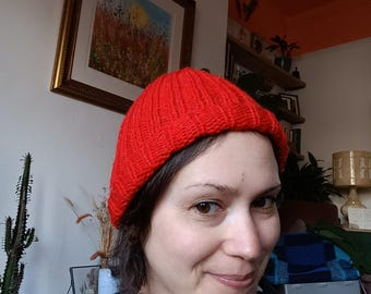 Hand Knit Red Beanie - Small Wool Hat - Bright Red Winter Hat