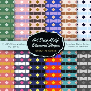 Art Deco Diamond Digital Paper | 12 Seamless Geometric Patterns | Vintage, Modern, Boho & Bold Colors | Instant Download | Commercial Use
