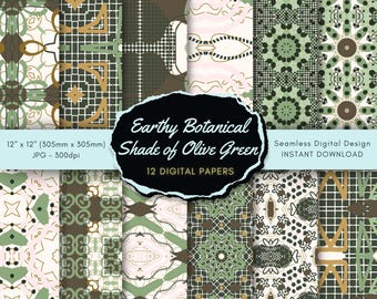 Olijfgroen botanisch digitaal papier | Taupe geometrische patronen (directe download)