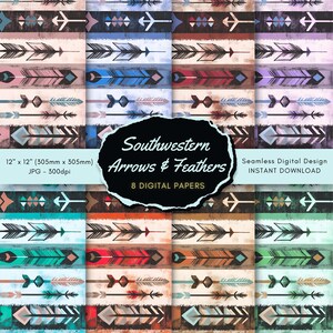 May include: A digital paper set with a Southwestern theme, showcasing arrows and feathers in shades of teal, brown, red, and blue. The paper measures 305mm x 305mm. The image includes the text "Southwestern Arrows & Feathers" and is a seamless digital design for instant download.