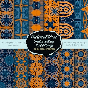 Himmlische Vibes mit Schattierungen von Marine, Türkis und Orange auf digitalem Papier | Abstraktes geometrisches | Nahtloses Muster | Sofortdownload | Kommerzielle Nutzung
