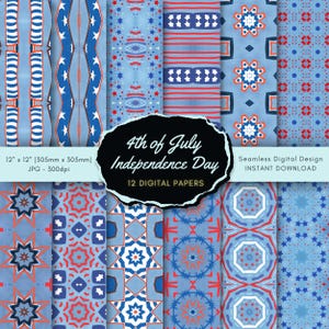 4th of July Seamless Watercolor Patterns Digital Paper Pack | Red, White & Blue Patriotic Independence Day Patterns | Instant Download