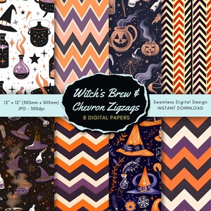 May include: A collection of eight digital papers with a Halloween theme. The designs include witch hats, cauldrons, potion bottles, and chevron patterns in orange, purple, and black. The papers are 12" x 12" (305mm x 305mm) and available for instant download.