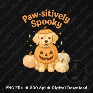 Paw-sitively Spooky Dog PNG | Cute Halloween Puppy Instant Digital Download | Pumpkin Golden Retriever Sublimation Design | Commercial Use