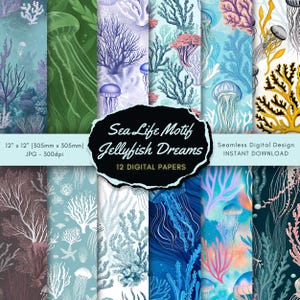 Ocean Dreams Digital Paper Pack |  Seamless Jellyfish & Coral Patterns | Underwater Sea Life Backgrounds | Marine Theme | Commercial Use